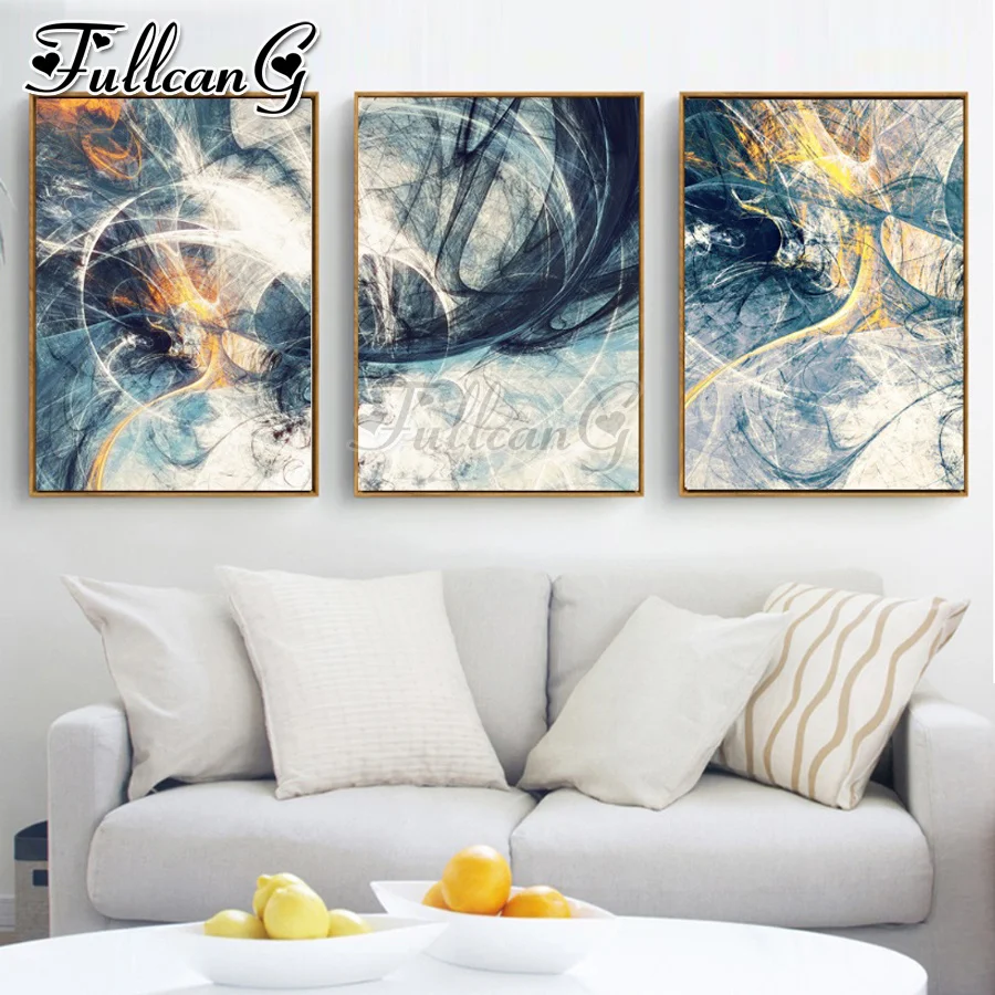 

FULLCANG 5d diy diamond embroidery sale blue abstract lines diamond painting triptych full square round drill decor FC3297