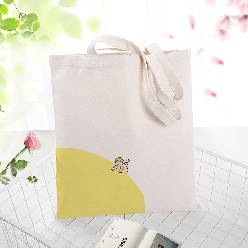 Желтая тканевая сумка тоут хозяйственная на заказ с принтом логотипа ручная для