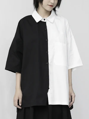 

Dark dark wind loose small crowd black and white collision color design sense of patchwork shirts and blouses