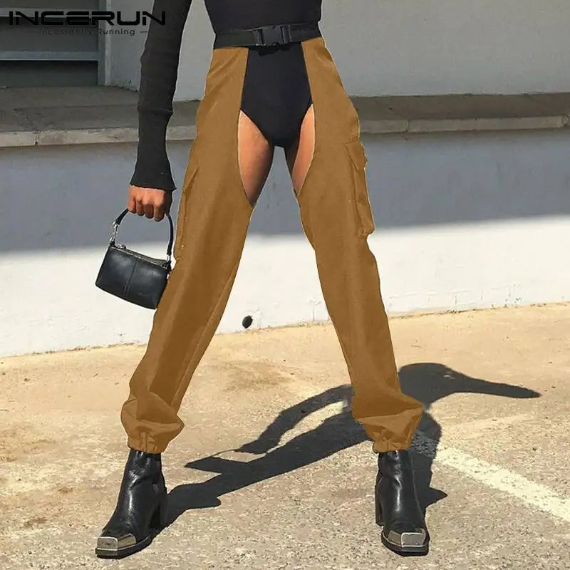 

2022 Men Pants Solid Color Hollow Out Loose Pockets Sexy Cargo Pants Personality Streetwear Trousers Men With Belt S-5XL INCERUN