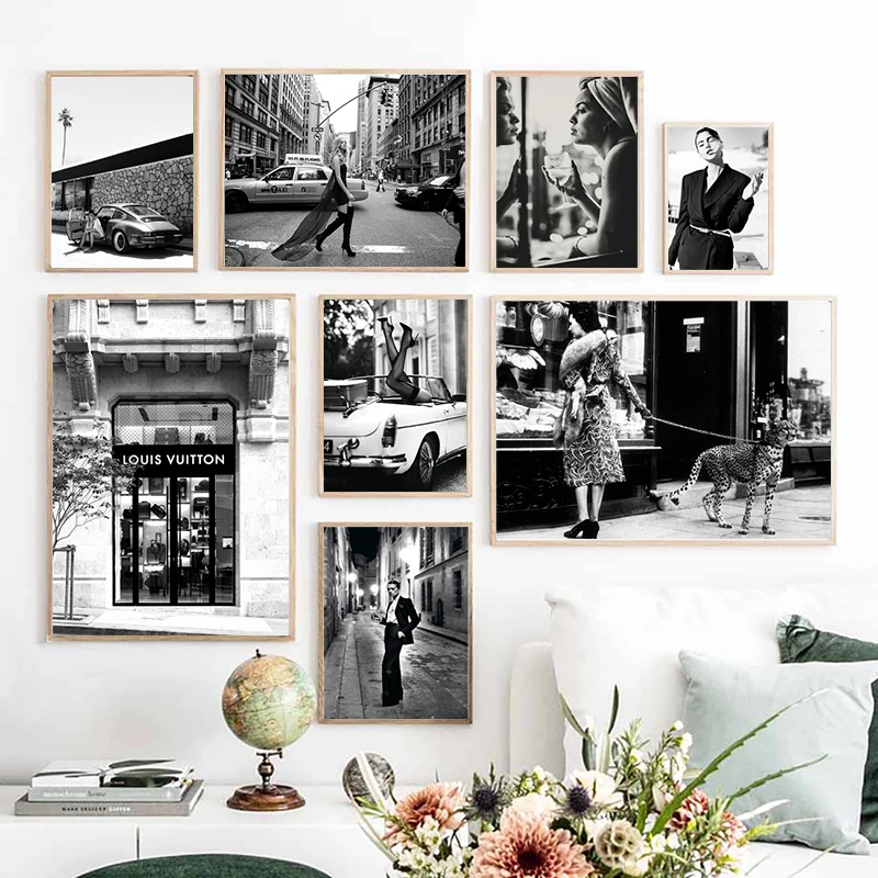 

Classic Race Car Fashion Shop Taxi Girl Black White Wall Art Canvas Painting Nordic Posters And Prints Wall Pictures Home Decor