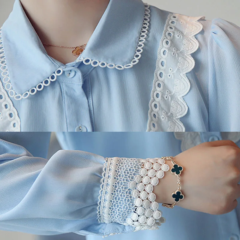 

Fashion Blouse Women 2021 Spring Chiffon Shirt For Women Tops Button Solid Long Sleeve Ladies Tops Peter Pan Collar Lace 7962 50