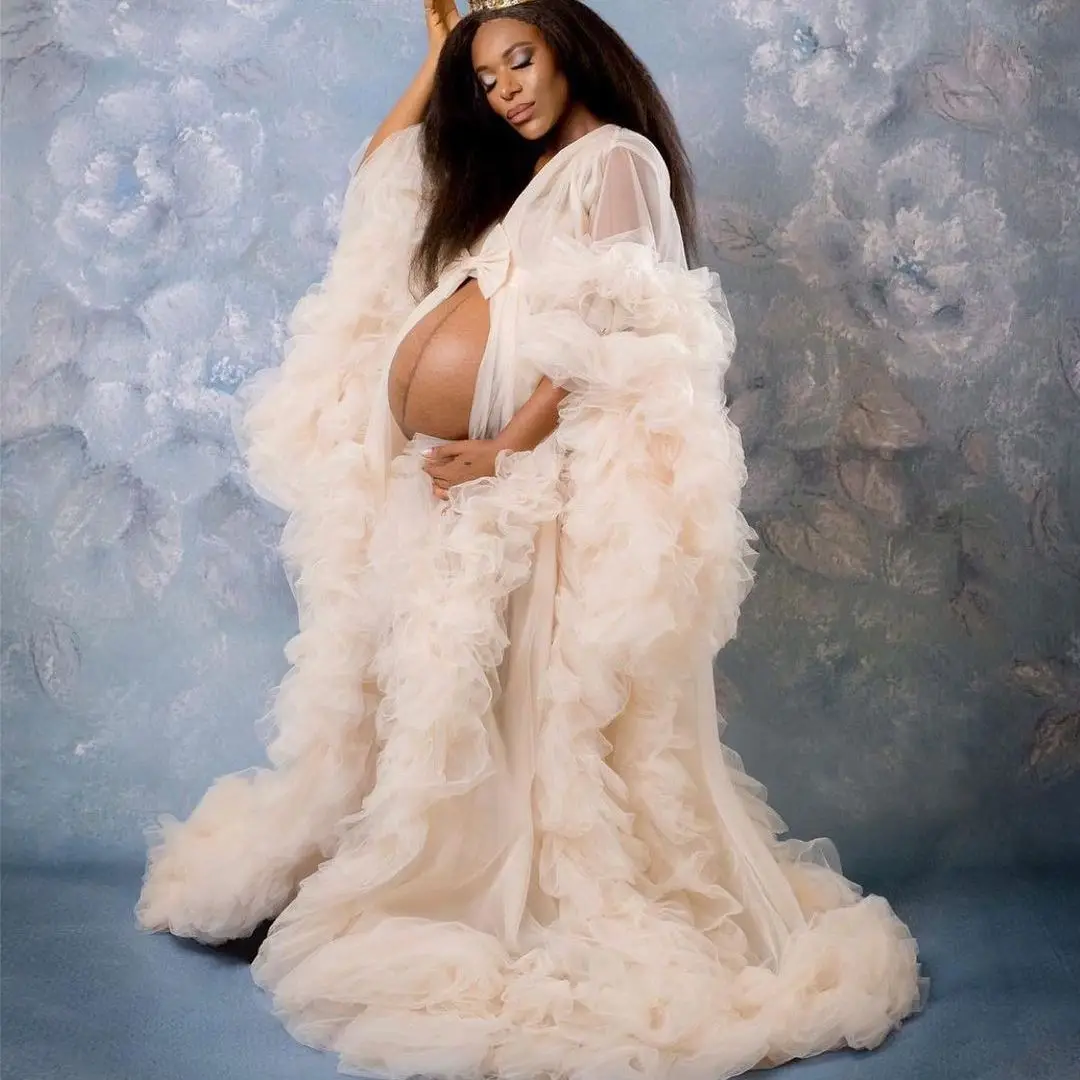 

Women A Line Maternity Gowns for Photo Shoot Luxury Ruffled Boudoir Lingerie Tulle Bathrobe Nightwear Babydoll Robe