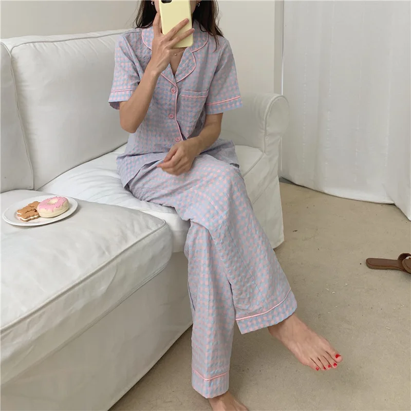 2021 Summer New Korean Lovely Plaid Pajamas Women's Short Sleeve Trousers Nightwear Suit Home Wear Sleep Wear Turn-down Collar