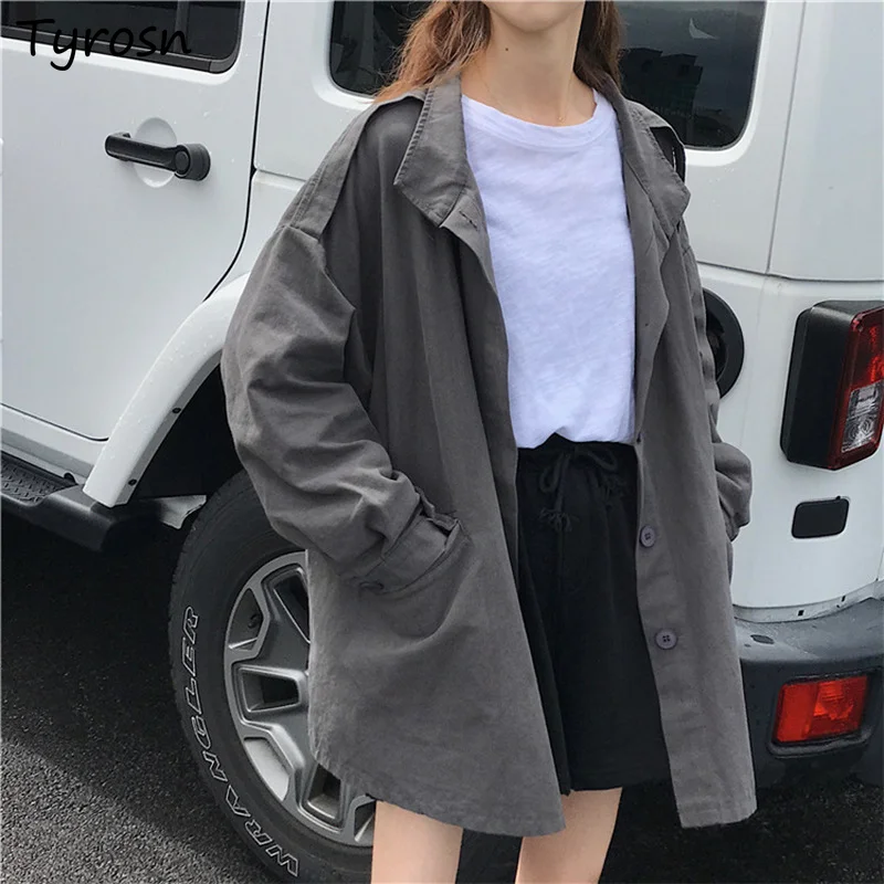 Trench Women Fashionable Gothic Japan Style Harajuku High Street Streetwear Solid Turn-down Collar Retro Bf Casual Coats Chic | Женская