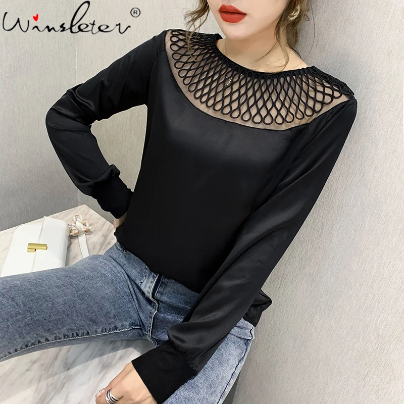 

Spring Fall European Clothes Loose T-Shirt Sexy O-Neck Patchwork Mesh Women Tops Bottoming Shirt Casual Long Sleeve Tees T16407A