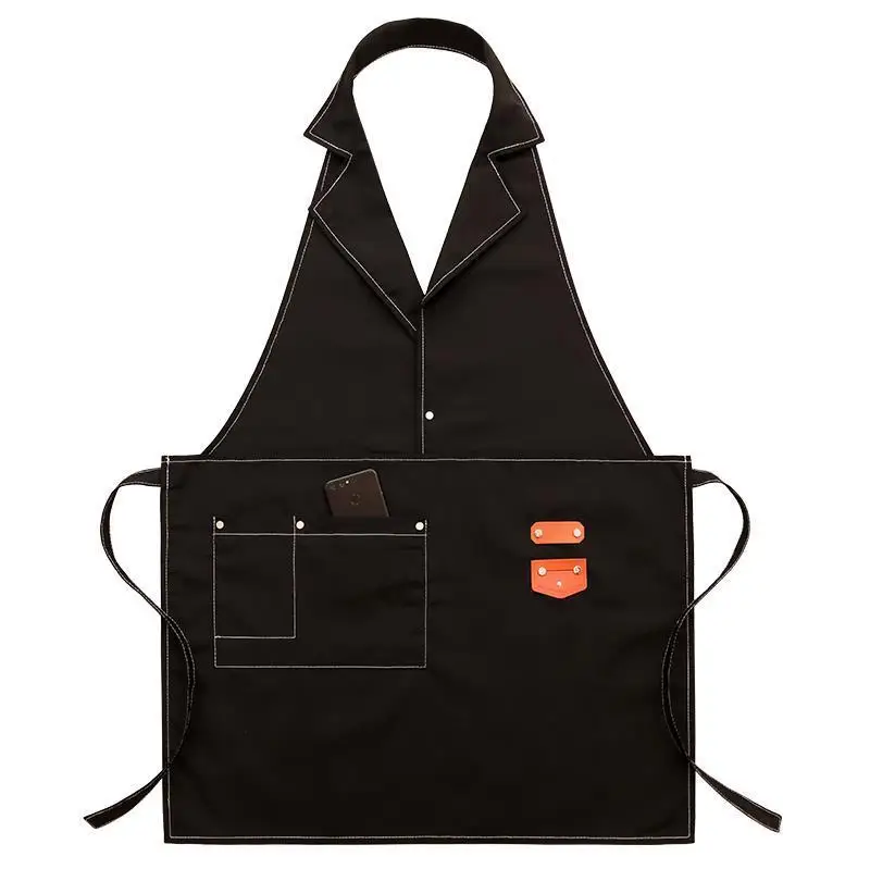 

Solid canvas Women Apron For Kitchen Accessories House Cleaning Bibs Cafe Shop Cooking Baking Pocket Coffee Pinafore With Collar