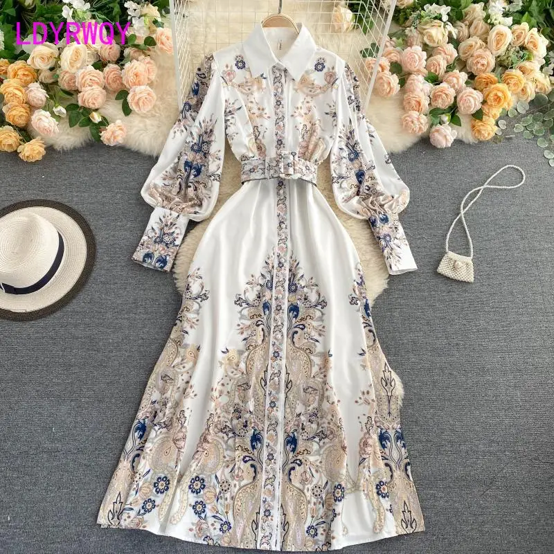 

LDYRWQY 2021 summer new European and American retro print temperament lapel bubble sleeve slim dress Office Lady