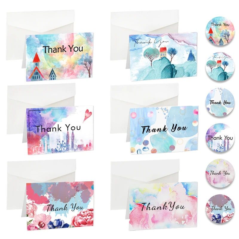 

6sets Thank You Greeting Card Watercolor Castle Tree Flower Gift Postcard with Envelope Stickers for Wedding Party Invitation