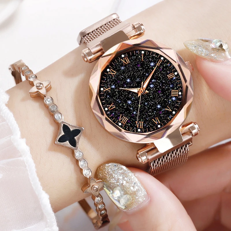 

Women's Luxury Starry Sky Wristwatches Magnetic Magnet Buckle Quartz Clock Geometric Surface Female Luminous Bracelet Watches