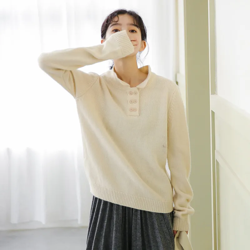 

Loose Slim Knit Sweater Autumn New Solid Color Lapel Long Sleeve Temperament Pullover Sweater Korean Style Women's Clothing