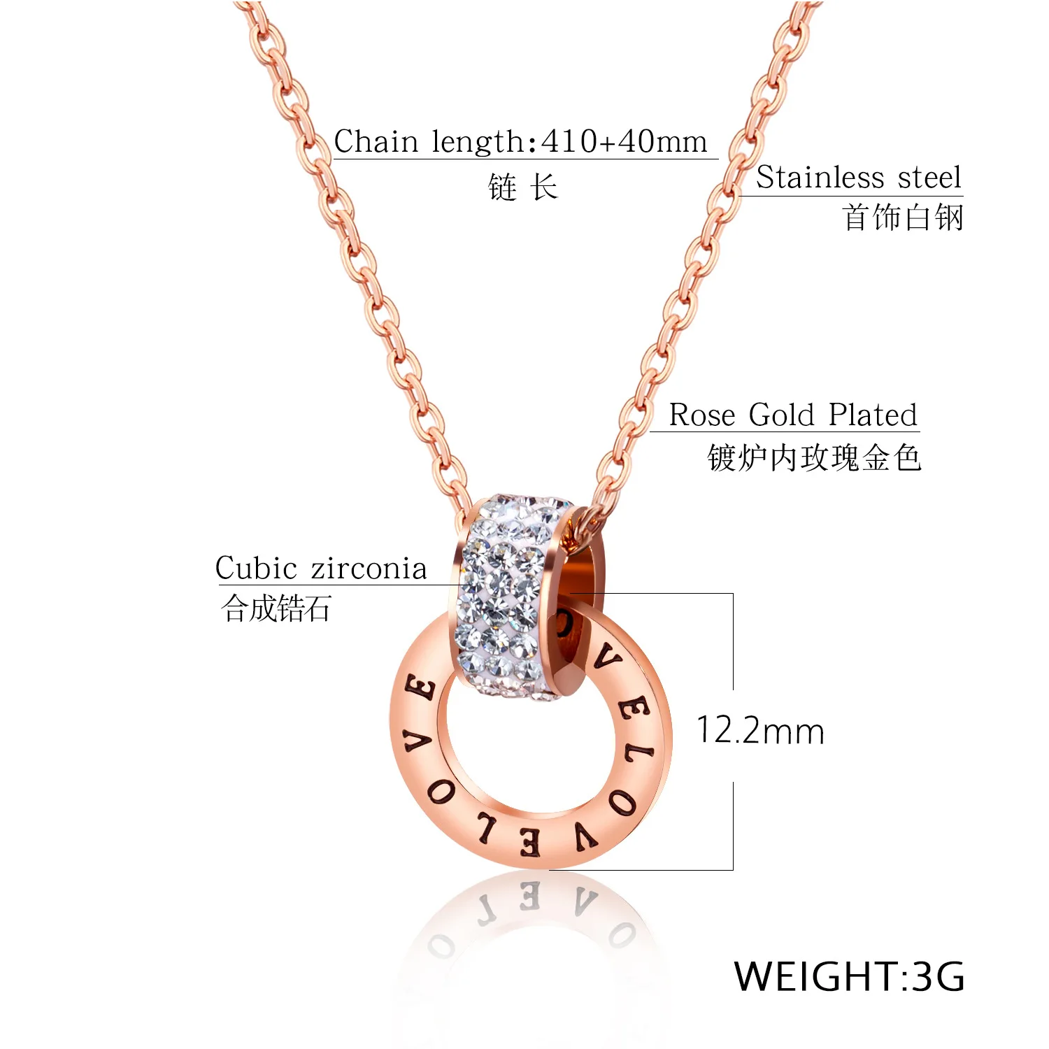 

CH-281 Titanium steel diamond-plated rose gold necklace wild atmosphere LOVE letter ladies round clavicle chain