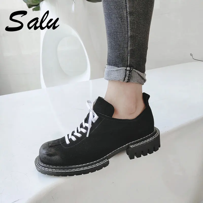 

Salu Shallow Platforms Thick Heels Pumps Genuine Leathder Cross Tied Women Shoes 2021 New Spring Autumn Working Shoes Woman