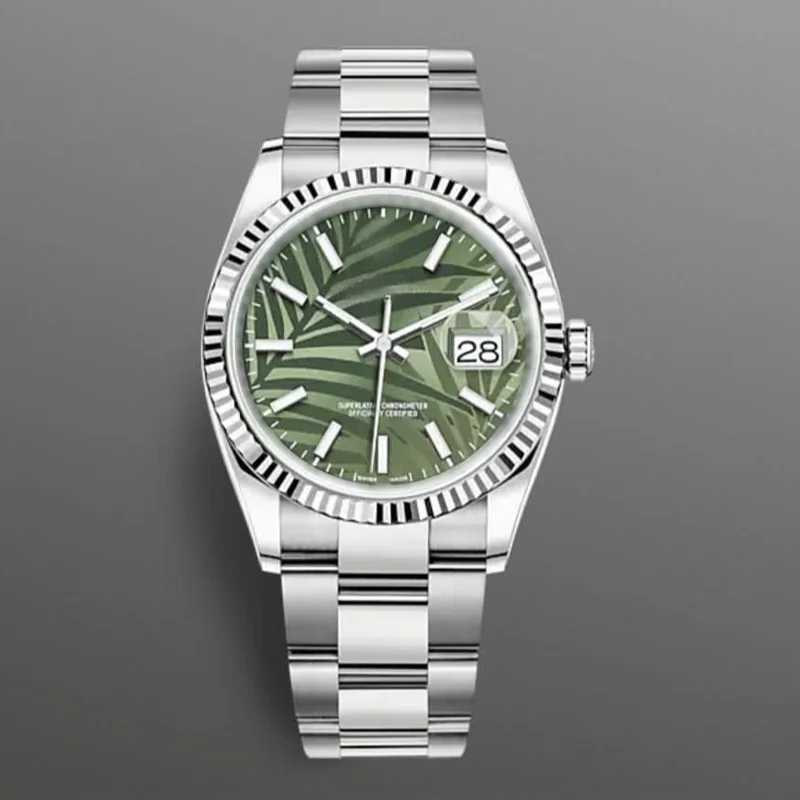 

Men Women Watch Medium Size 36mm Datejust Green Leaf Dial Sapphire Glass Jubbile Bracelet Stainless Steel Lady Dress Wristwatch