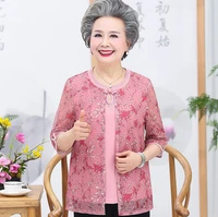fake two pieces shirt women lace hollow half sleeve tops summer grandma clothing stretch plus size middle age mother blouse