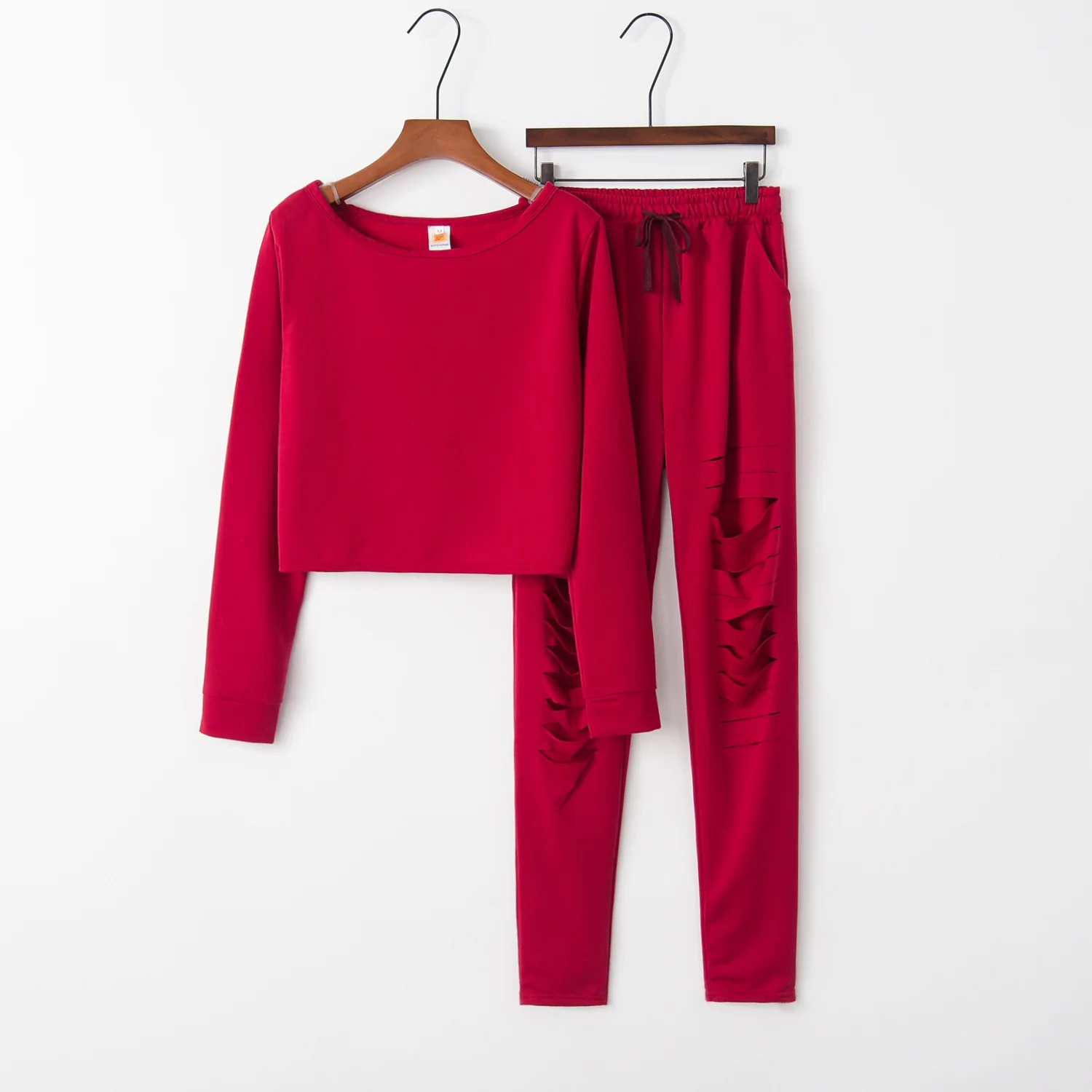 

Fashion spring and autumn high-end two-piece long-sleeved two-piece ripped trousers female two-piece T-shirt