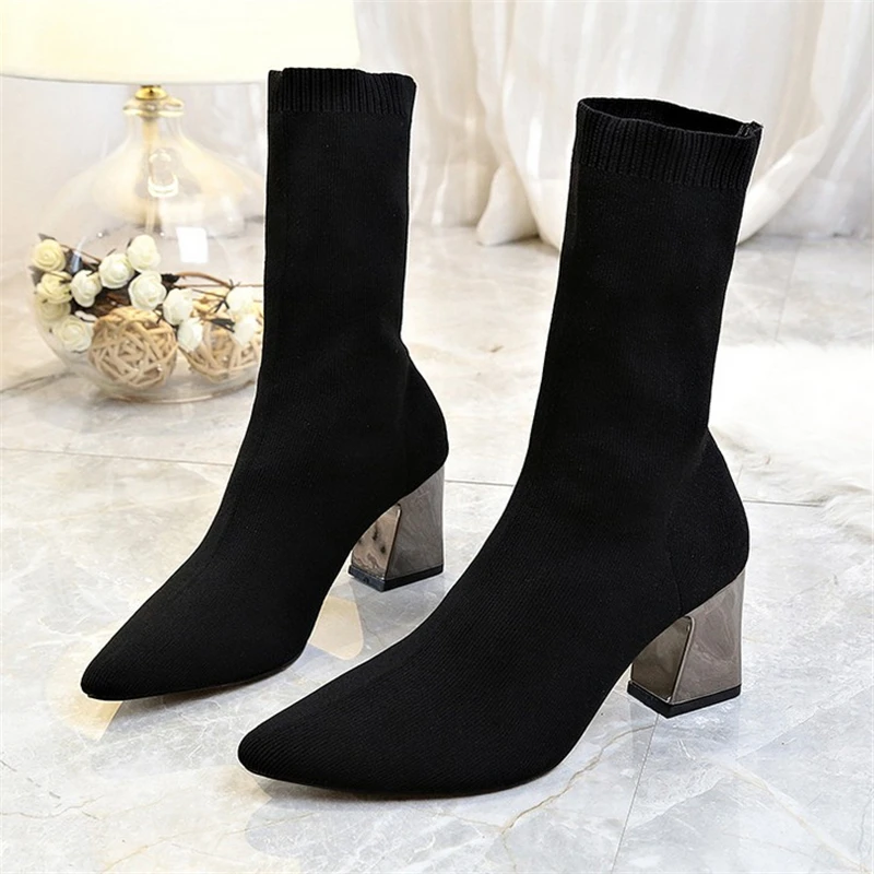 

Women's sexy High Heels socks boots Autumn winter fashion Knitted Stretch boots Women Black Ankle Sock Boots 34-43