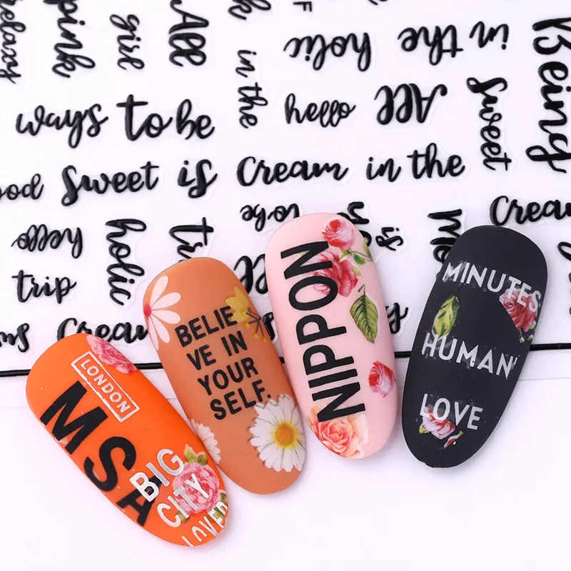 3D наклейки для ногтей с буквенным дизайном черные цветы линия Переводные