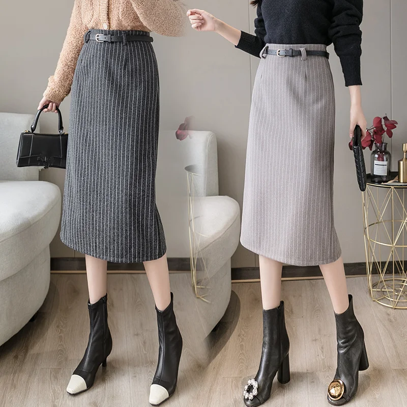

2020 Autumn Winter Stripe Woolen Skirt Women A-line Fashion Work Wear High Waist OL Lady Midi Skirts Female