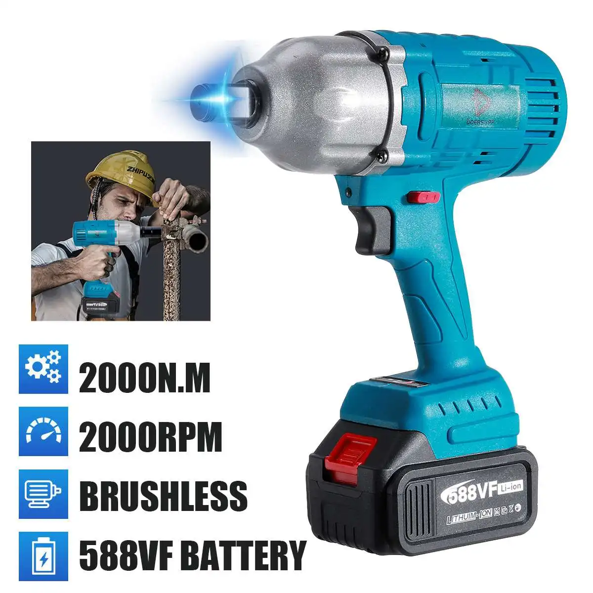 REAL 2000N.M Cordless Electric Impact Wrench 3/4 inch Socket Power Tools 588Vf Li Battery +LED light Adapt to Makita 18V | Инструменты