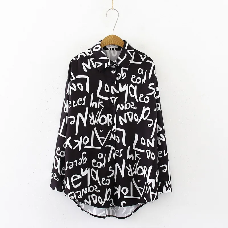 

Female Letters Graffiti Printing Long Autumn Full SleeveShirt Women Tops Korean Loose Ladies Clothing /