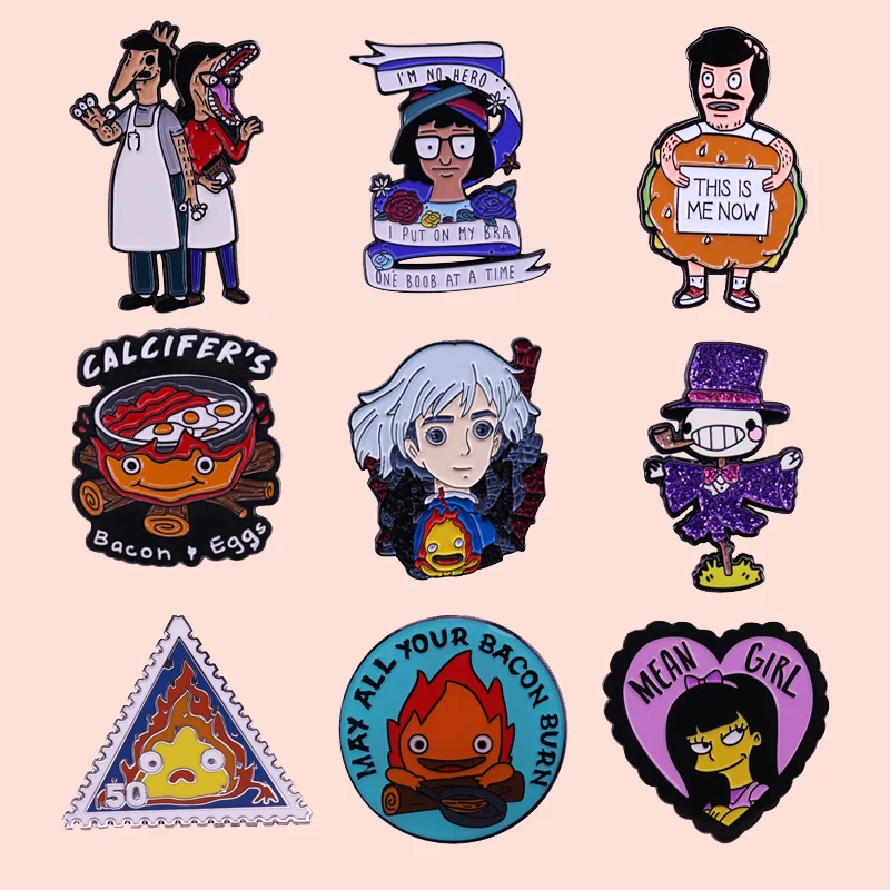 

ZF2021 Cartoon Hamburger Man Scarecrow Fire Metal Enamel Badge Buttons Brooch Anime Lovers Denim Shirt Lapel Pins