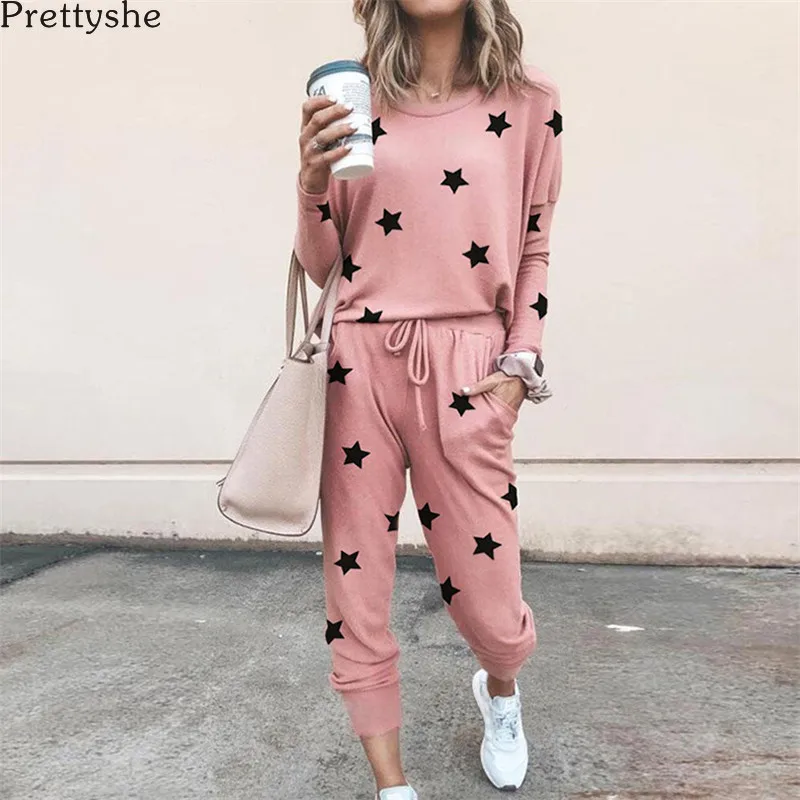 

Prettyshe Autumn Winter Women's Loose Printed Long-Sleeved Casual Suit Jacket Pants Two Piece Set Outfits O-Neck Pullover