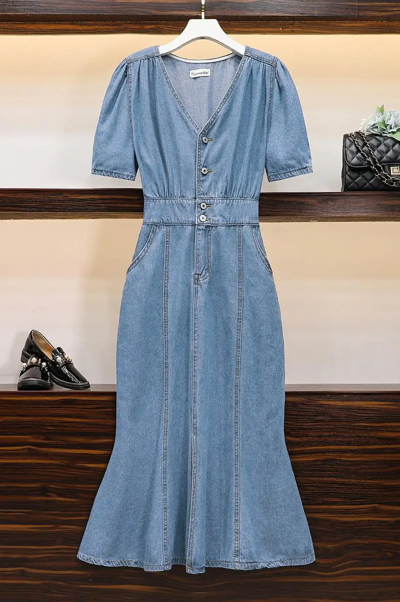 

COIGARSAM 4XL Plus Size Women dress New Summer High Waist V-Neck Dresses Blue 2003