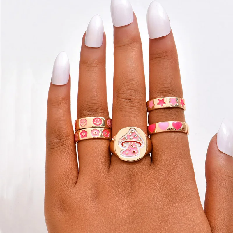 

ALYXUY Fashion Pink Love Star Smiley Face Flower Ring Couple Fashion Oil Drop Ring Ladies Men’s Jewelry Fashion Accessories