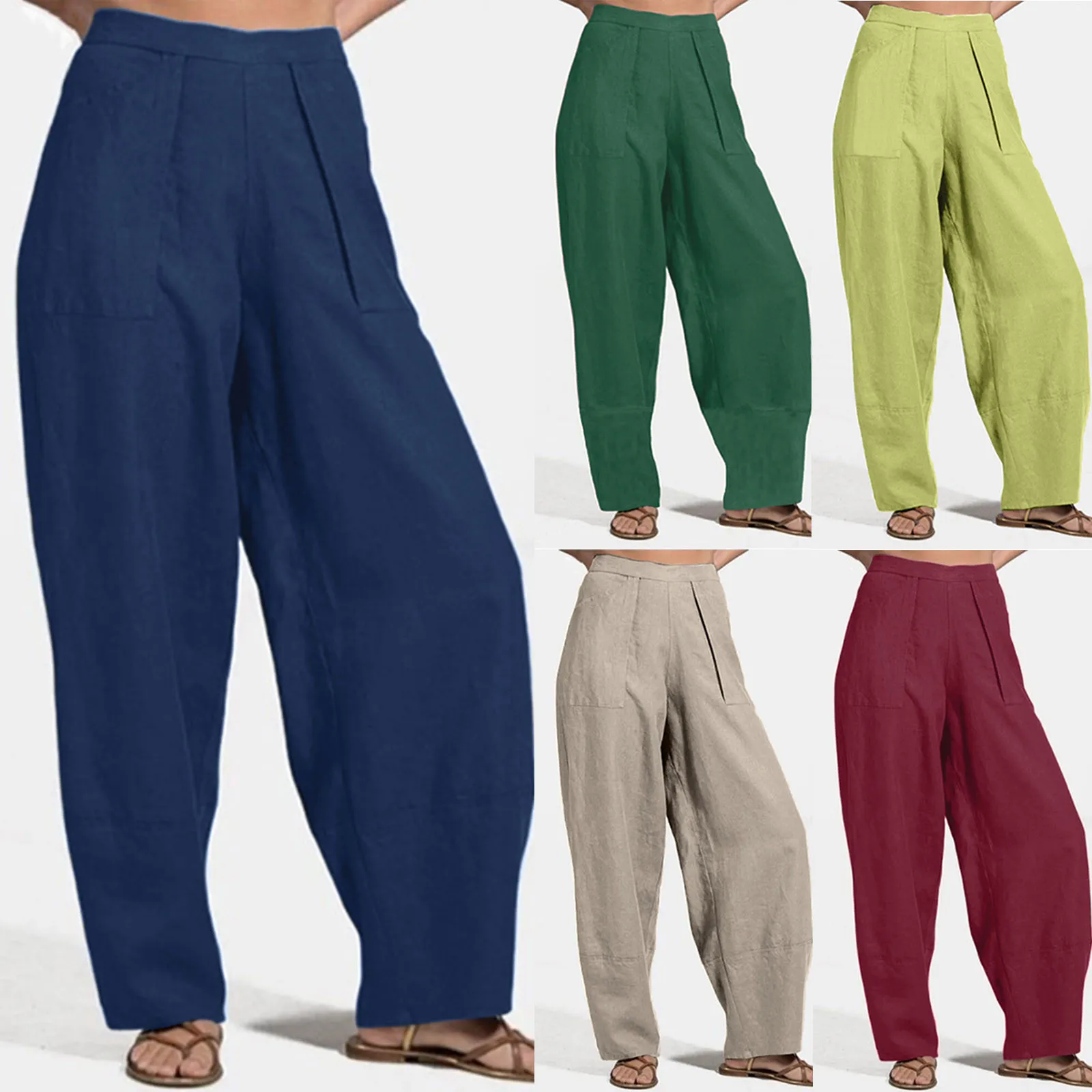 

Брюки женские повседневные однотонные, свободные простые элегантные хлопково-льняные штаны с прострочкой, с карманами, Прямая поставка