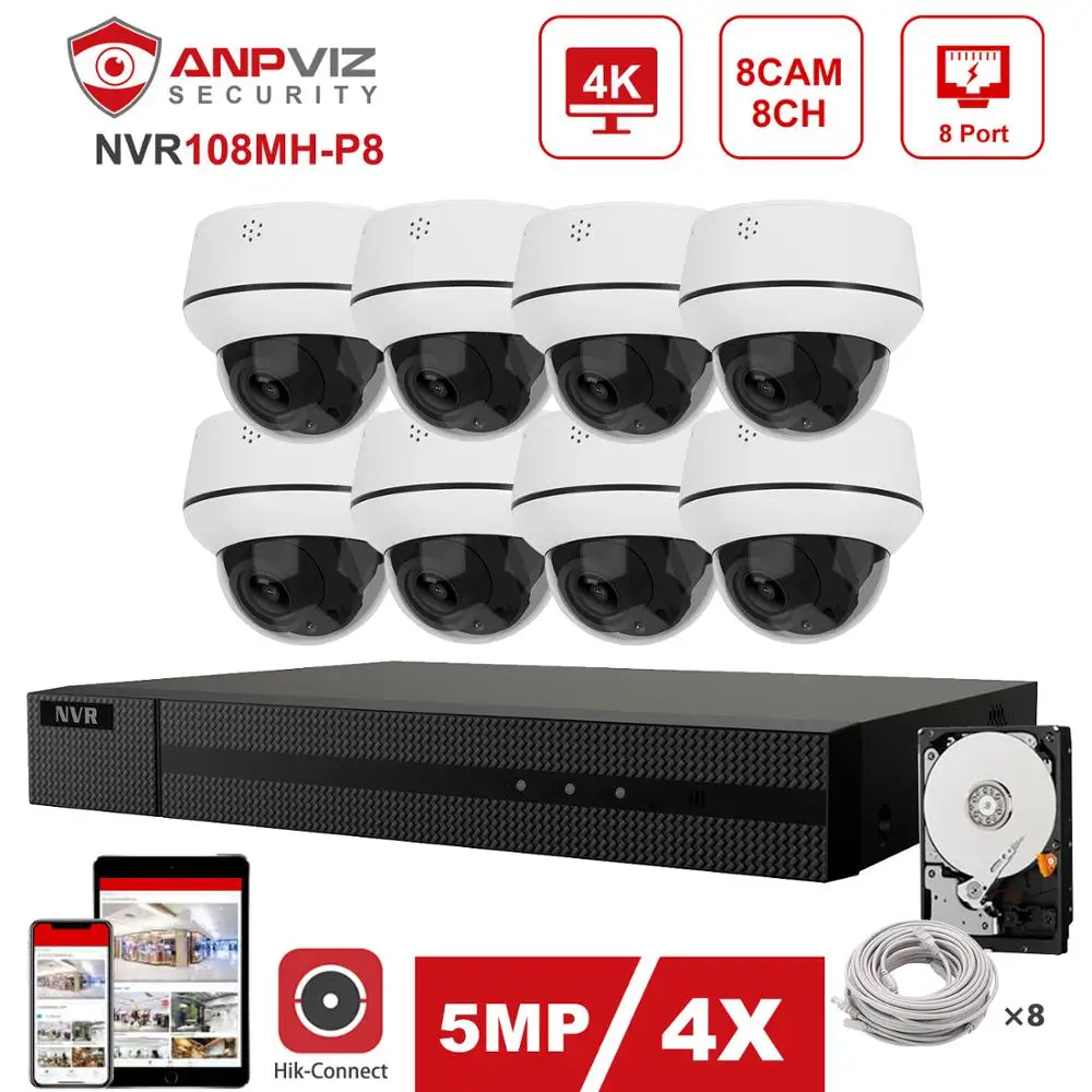 Hikvision OEM 8CH 4 к NVR 4/6/8 шт. 5MP IP PTZ 4X зум Камера POE CCTV безопасности Системы комплект в