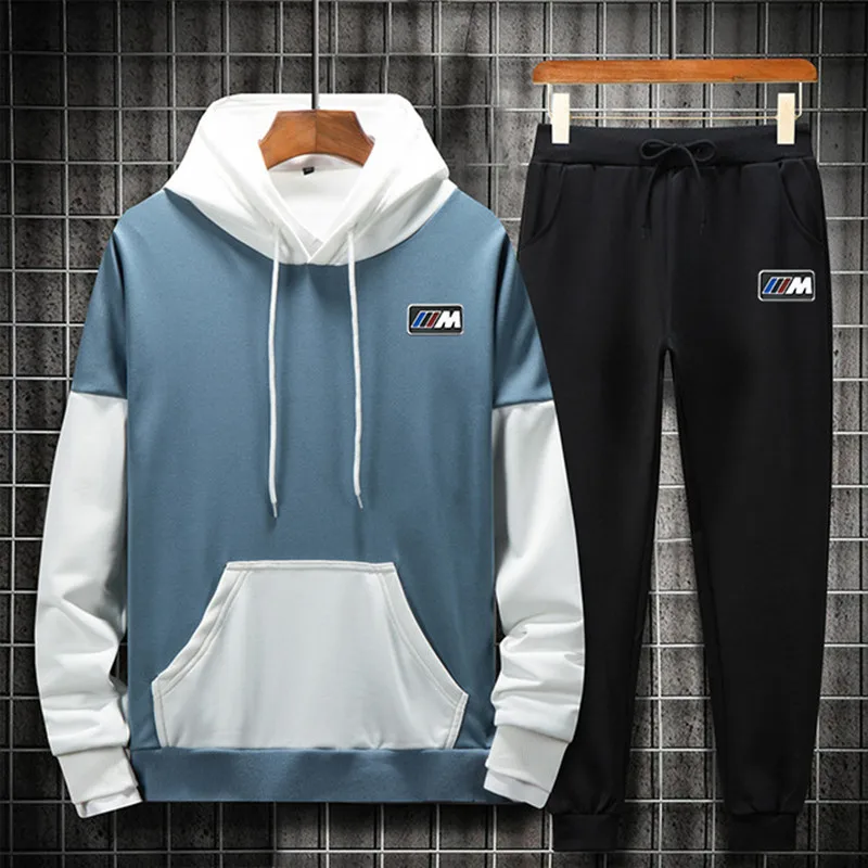 

Patchwork Mens Sportswear Sets 2021 Autumn Winter Hooded Thick Male Casual Tracksuit Men 2 Piece Sweatshirt + Sweatpants Set BMW