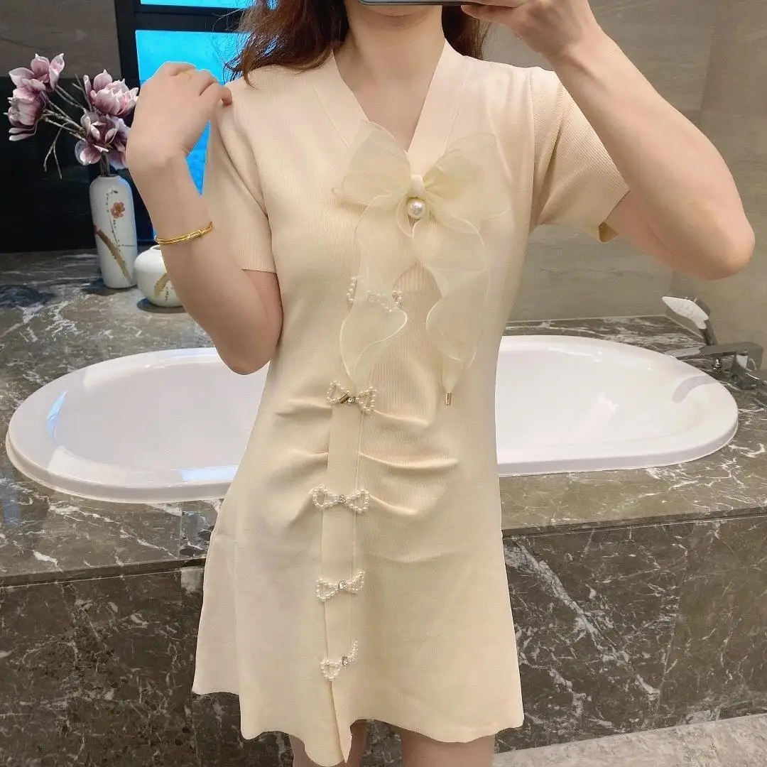 

Fashionable V-neck bowknot dress female beaded short-sleeved thin mid-length knitted skirt 2021 summer women's clothing
