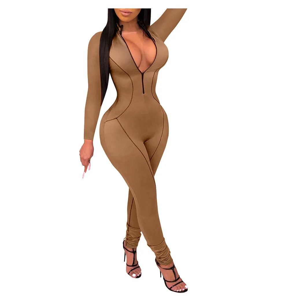 Brown feitong sexy rompers womens jumpsuit V-Neck Belted Jumpsuit Party Club Playsuits Long Sleeve Jumpsuits Tight Overalls 9M3 - Цвет: Brown