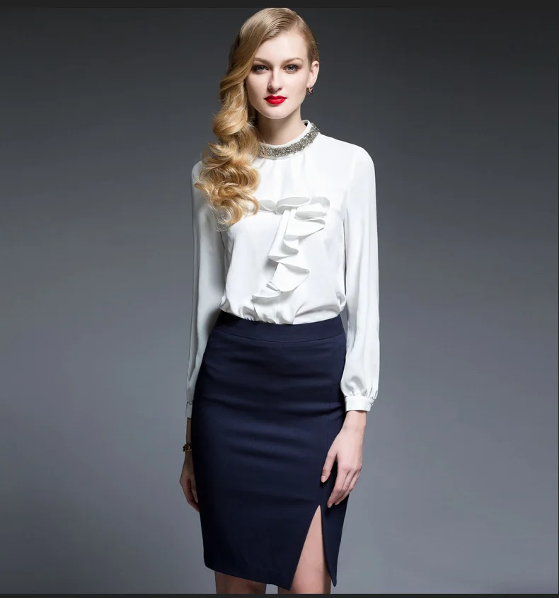 Женский комплект с длинными рукавами блузка рюшами и кристаллами топ юбка