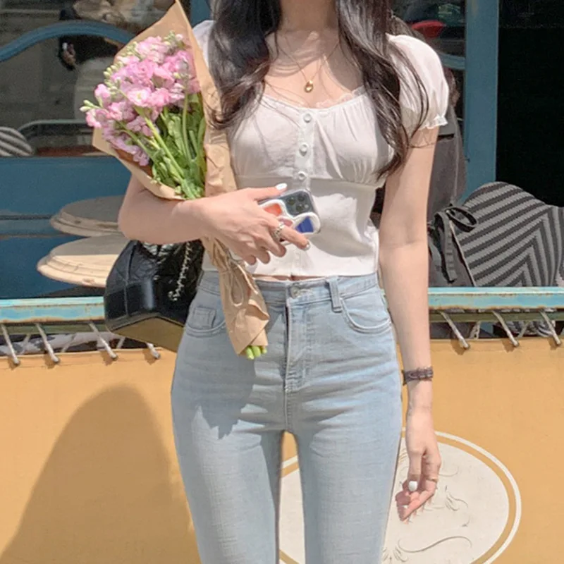 

2021 new girls age-reducing lace border cardigan breasted square neck blouse women short waist puff sleeve T-shirt