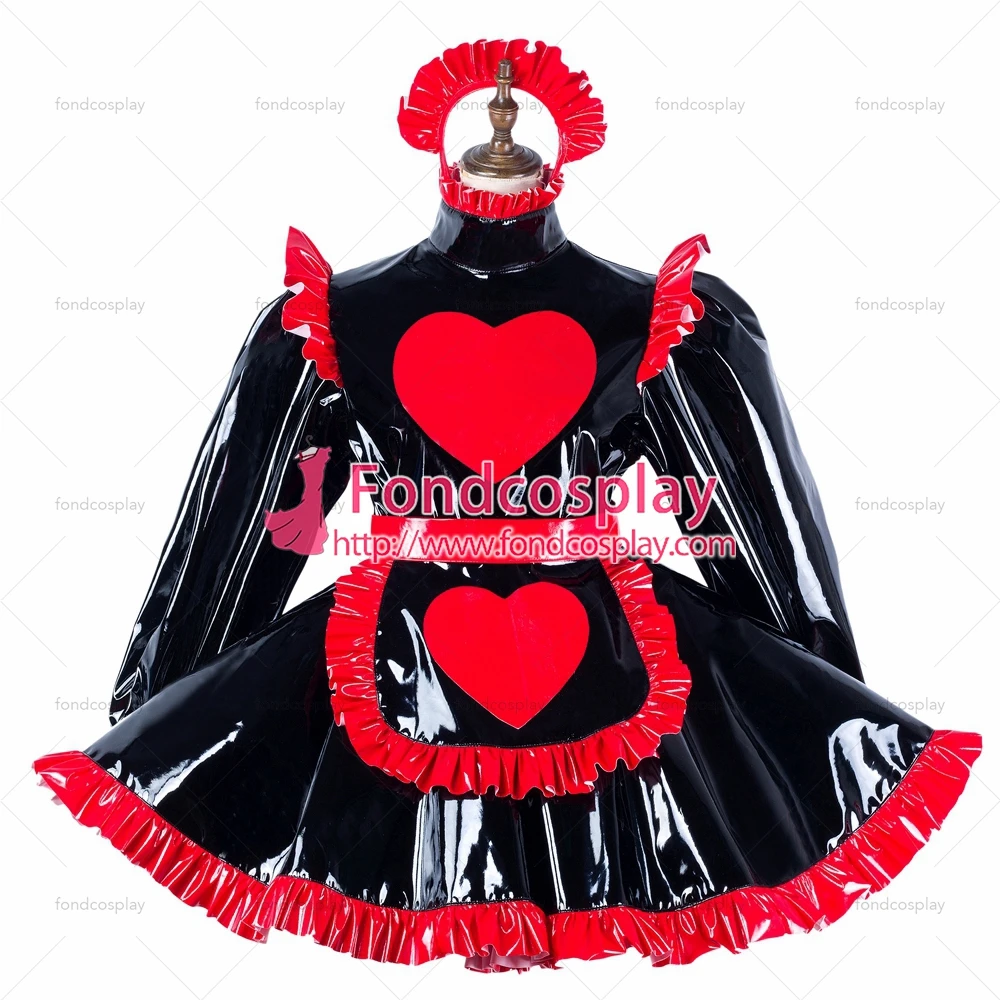 fondcosplay adult sexy cross dressing sissy maid black heavy pvc dress lockable Uniform Heart apron costume Tailor-made[G2193] |