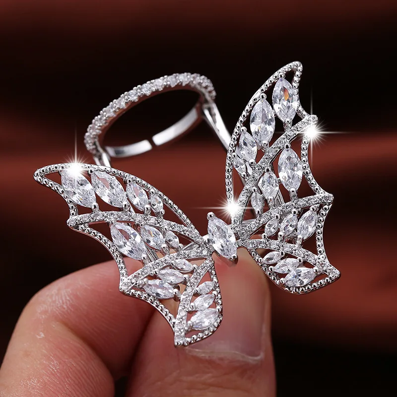 

High Quality Fashionable Unique Adjustable Ring Micro Paved Shining CZ Movable Butterfly Shape Jewelry for Party Gift