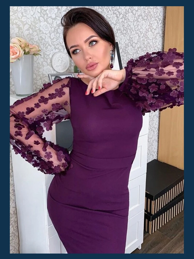 Sheinside, фиолетовые элегантные облегающие платья для женщин, вечерние платья с цветочной аппликацией и сетчатыми рукавами, облегающее женское платье миди