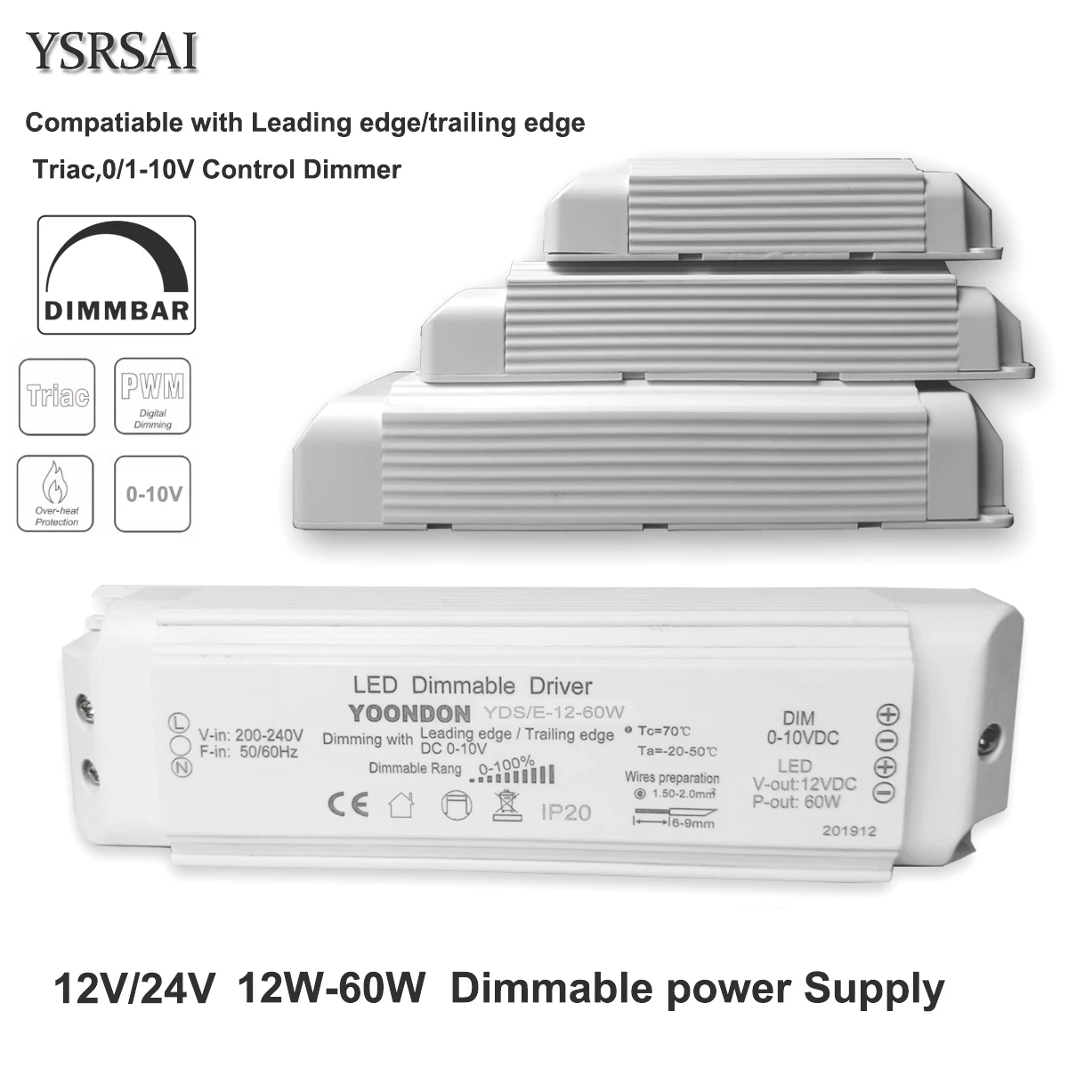 

AC 220V Dimmable LED Driver DC12V/24V 20W 40W 60W Triac & 0-10V Dimming 2in1 Power Supply Lighting Transformer