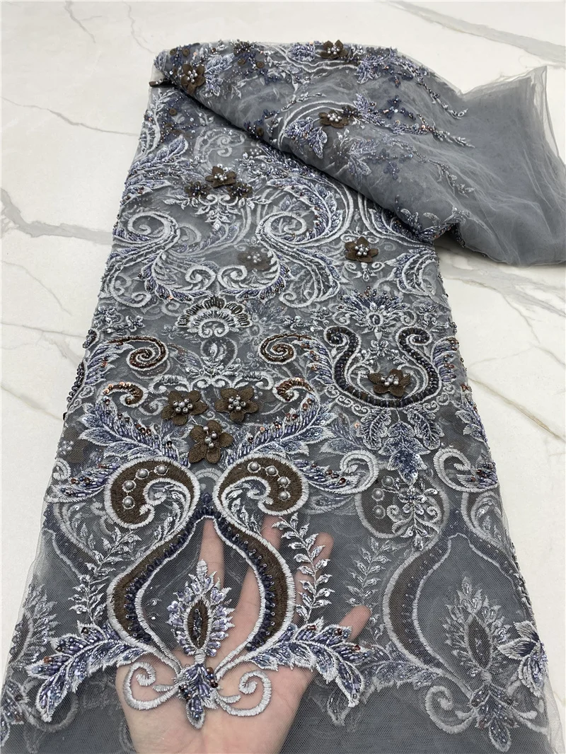 

PGC African Nigerian Lace Fabrics 2021 High Quality Embroidery Handmade Beaded Tulle Lace Material For Wedding Sewing YA4742B-5