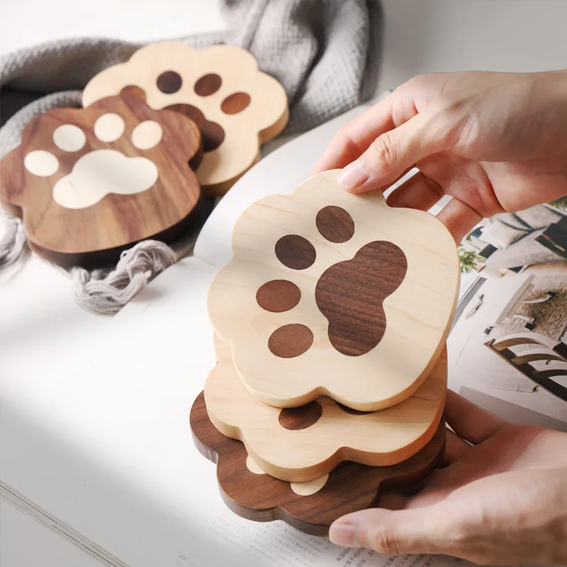 Solid Wood Coaaste Heat Insulation Cup Pad Wooden Black Walnut Cat Claw Cup Mat Coaster Creative Cute Style Teapot Mug Mat Gift