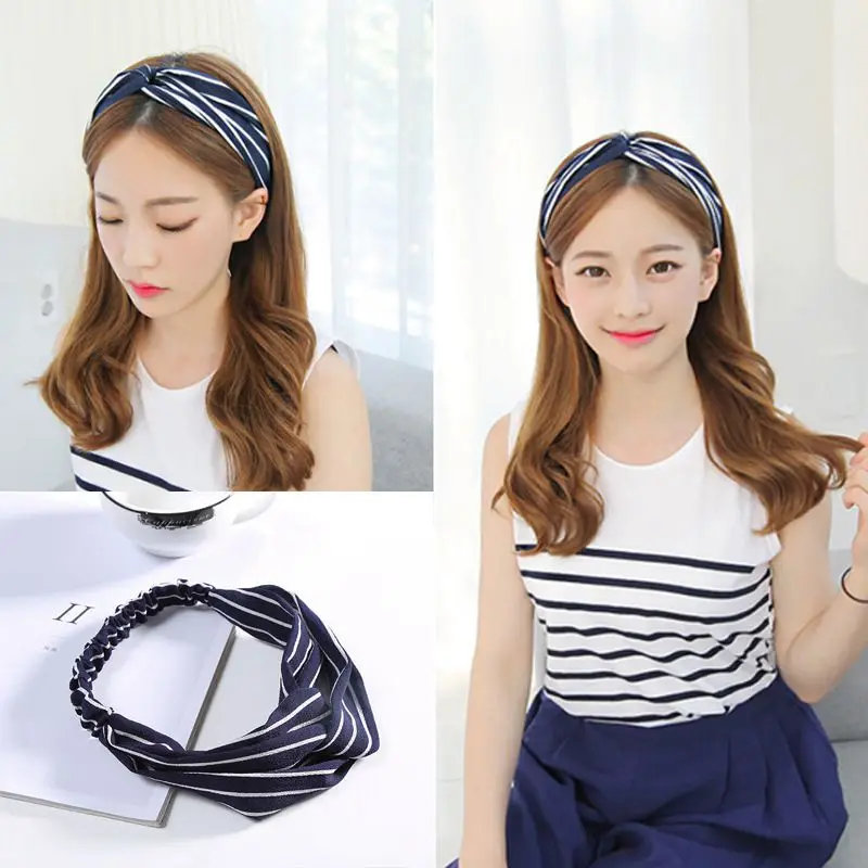 Модный узелок на голову турбан эластичная ободок для волос головной платок аксессуары для женщин и девочек полосатый головной убор темно-синий.