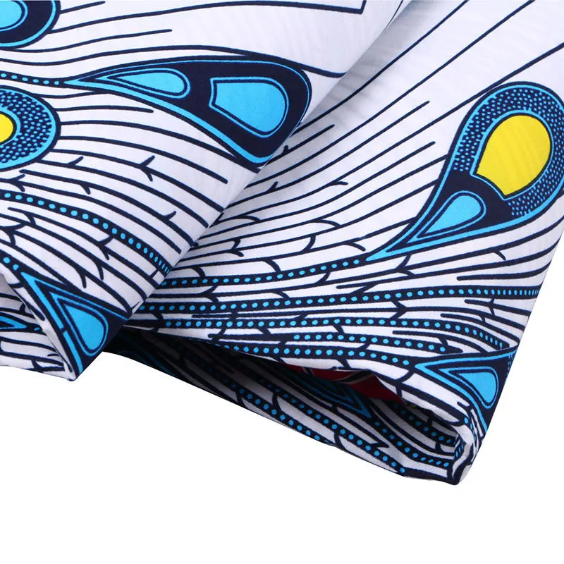 

Blue And Yellow Peacock Feather Printed African Fabric 100% Polyester High Quality Real Wax