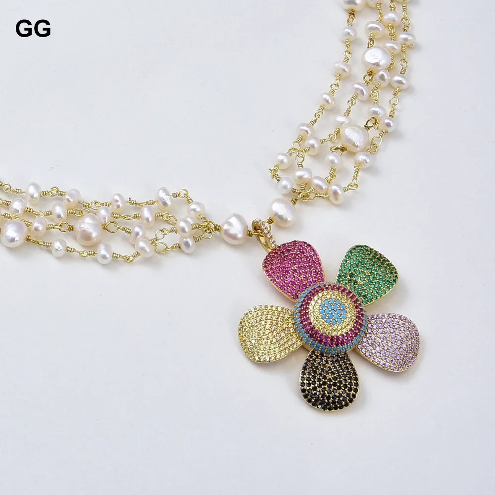 GG Jewelry 24'' 4 Strands White Pearl Necklace CZ Pave Flower Pendant | Украшения и аксессуары