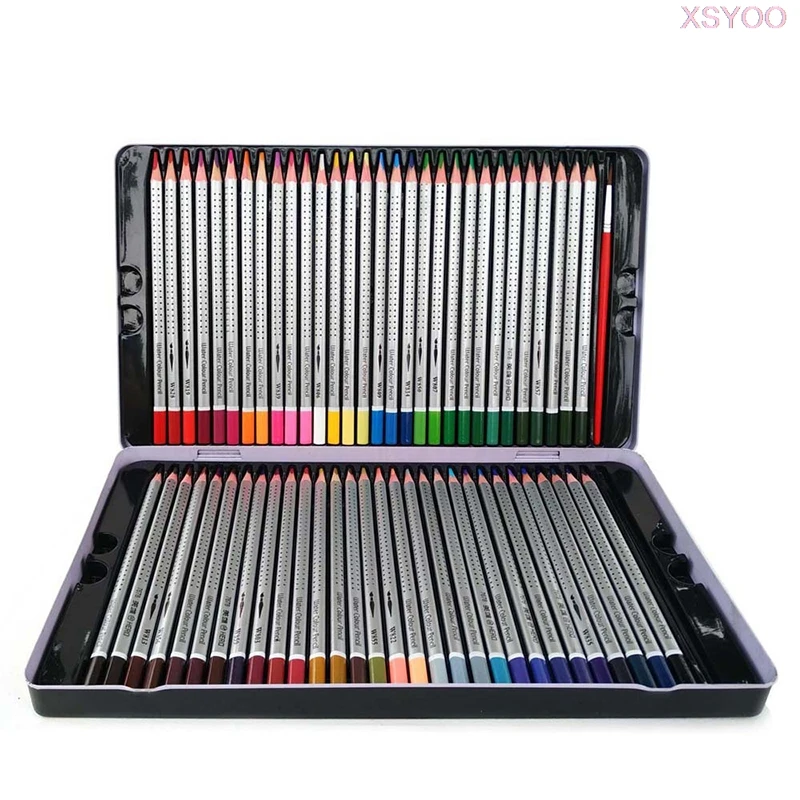 

48/72Colors Watercolor Pencil Water Soluble Colored Pencils Iron box with brush pen for Artist Drawing Children School Supplies