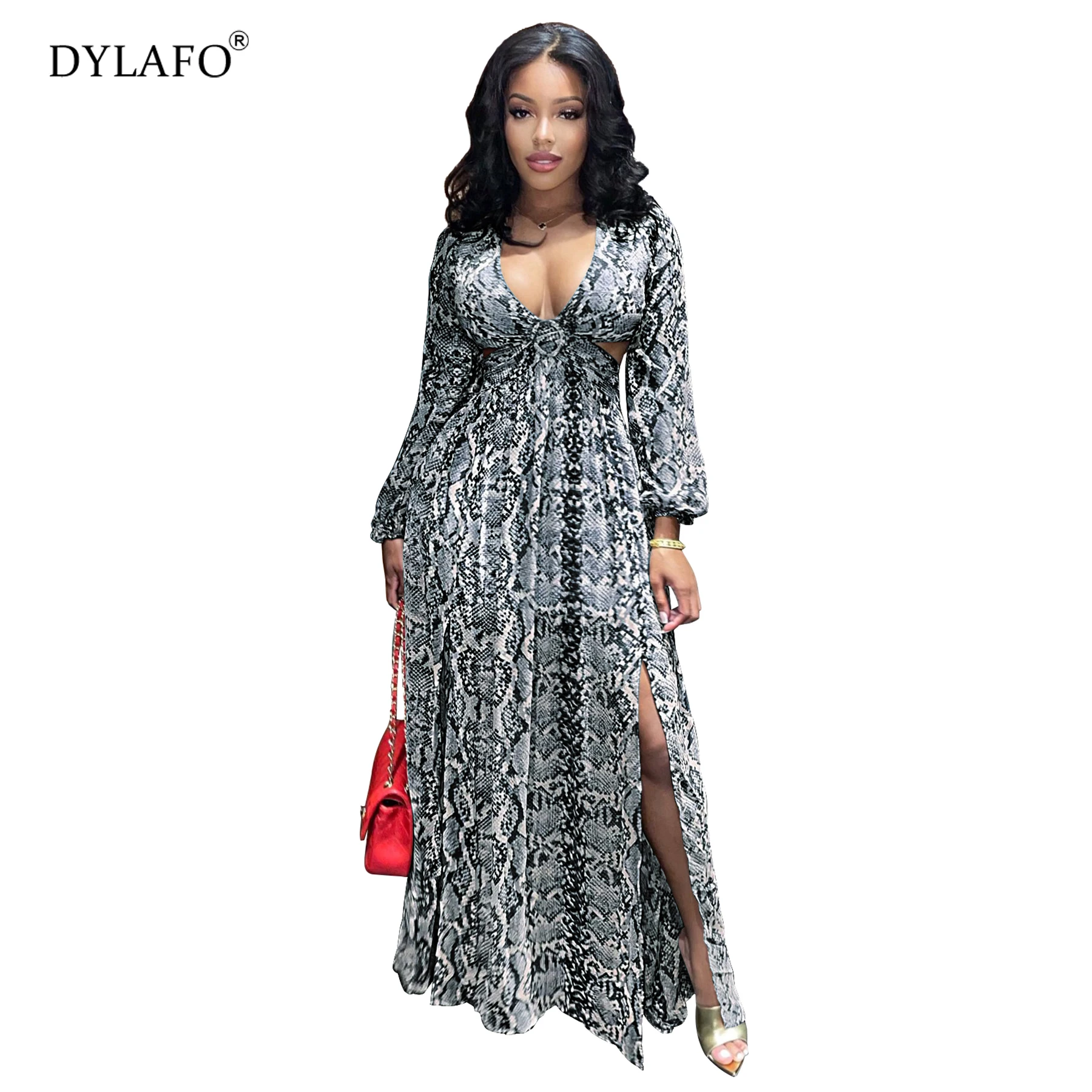 2021 сексуальное платье макси со змеиным принтом с рукавами-фонариками и вырезами