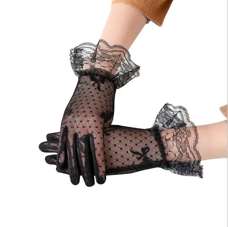 bow black Женские винтажные прозрачные короткие кружевные перчатки Дерби чайные Вечерние перчатки с цветочным принтом длиной до запястья для ужина необычные аксессуары для костюма перчатки - Цвет: bow black