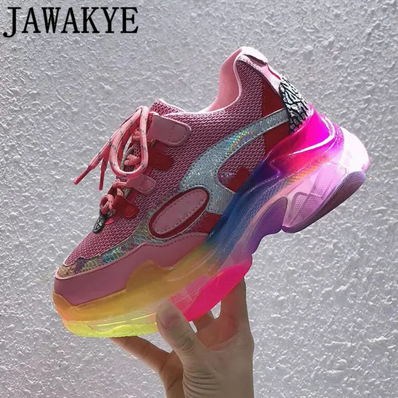 Разноцветные прозрачные кроссовки на толстой подошве Женская дышащая обувь