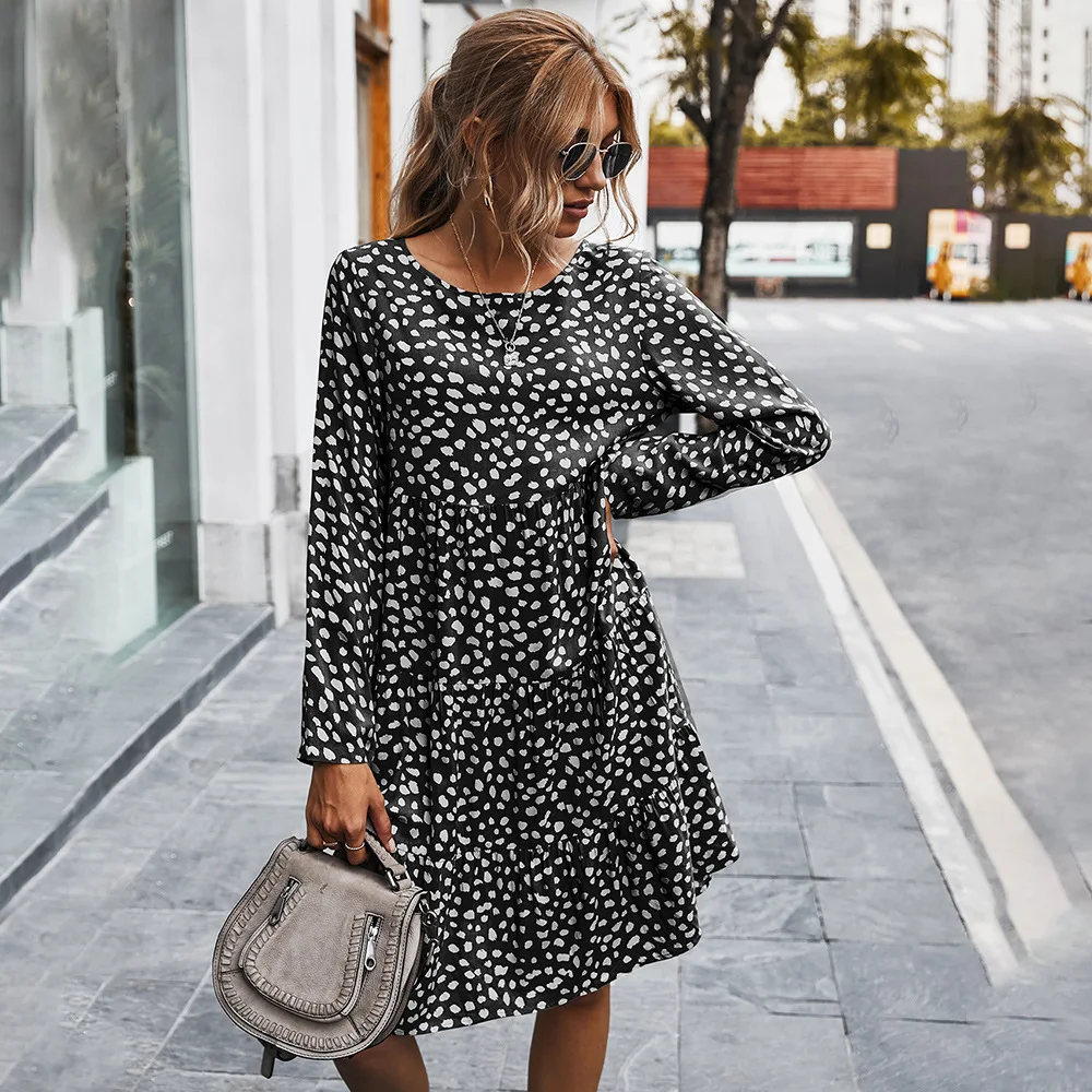 

Autumn Winter Temperament Print Dress Women Casual Button A Line Loose Knee Length Dress For Women 2021 New Fashion